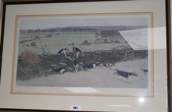 Cecil Aldin, coloured print, Full Cry, signed, 38 x 66cm